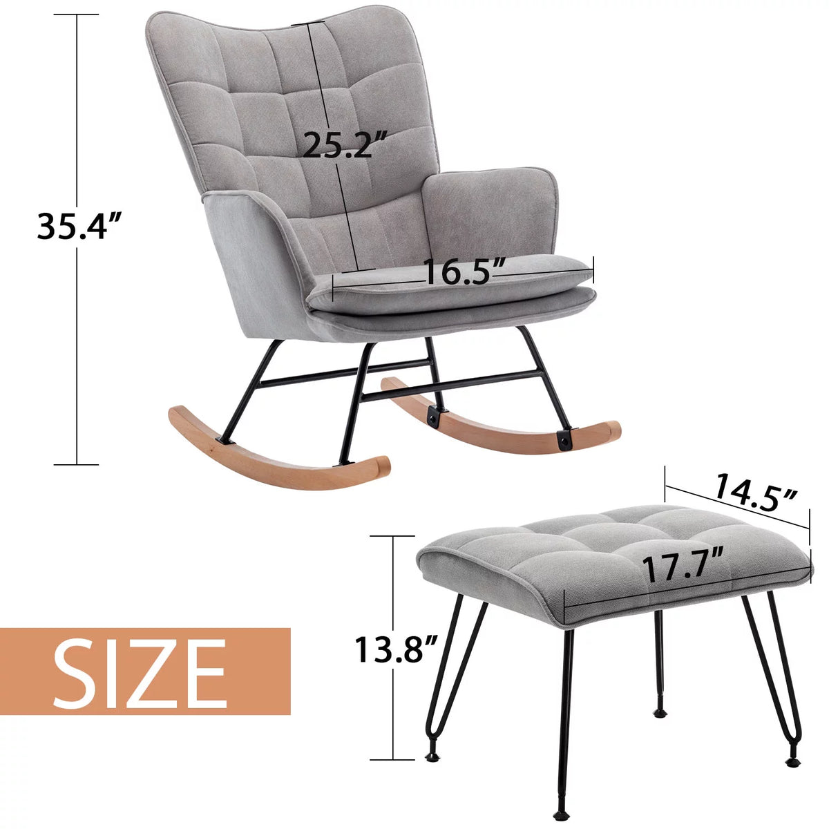 Gray Linen Fabric Rocking Chair with Ottoman H933