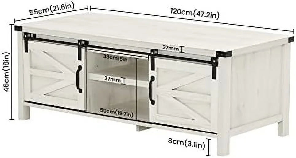 Farmhouse Coffee Table with Hidden Compartment and Cabinets Shelves Wood Rectangular Tables with Sliding Barn Doors for Living Room Reception (Wash White) U427