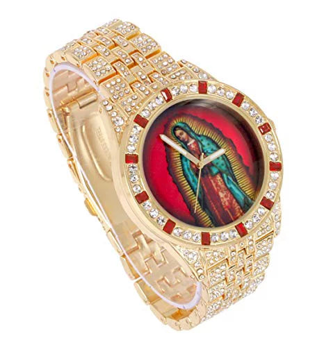 Men's Hip Hop Metal Timepiece with Blood Red Baguettes and Clear Rhinestones E6459