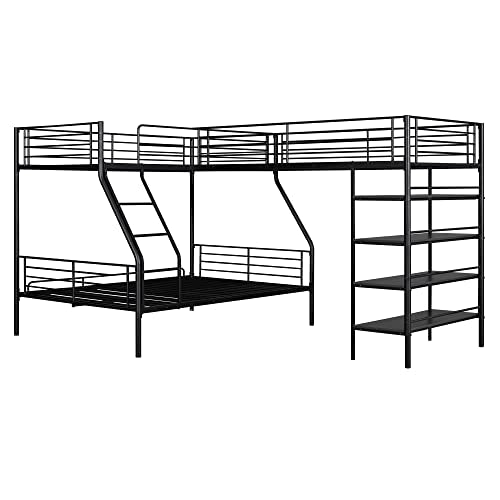 Black Metal Twin Size L-Shaped Loft Bed with Two Built-in Desks R1776