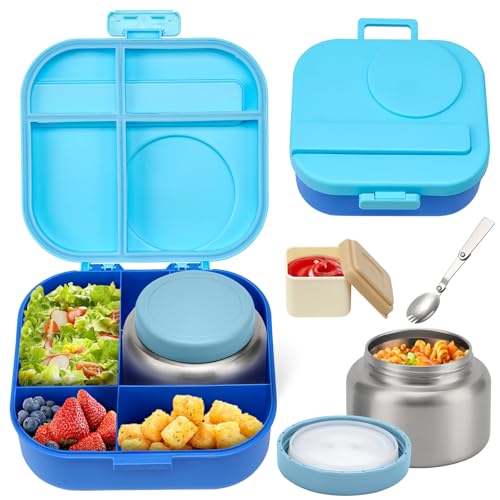 Bento Lunch Box for Kids, 4 Compartments, 12oz Soup Thermo, BPA Free, Leak proof, Blue G7467