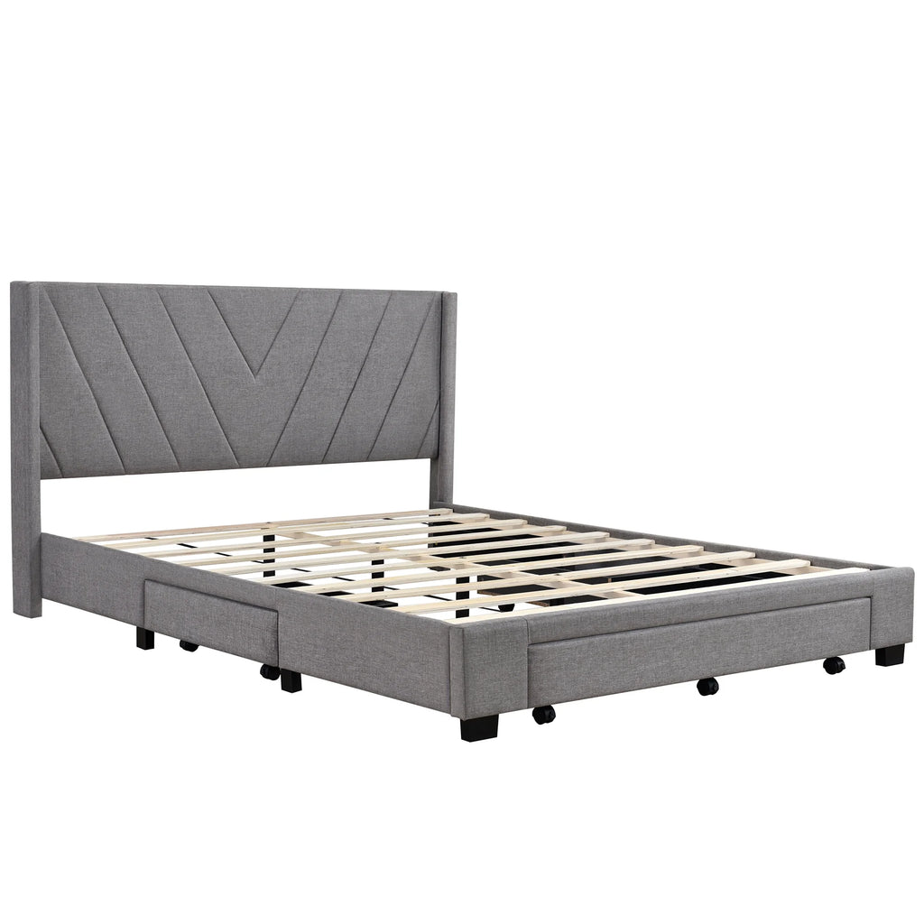 Queen Size Linen Upholstered Platform Bed with 3 Storage Drawers F60657