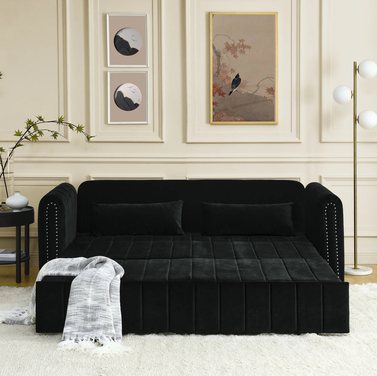 Black 3-in-1 Convertible Sleeper Sofa Bed with Two Drawers and Two Pillows Y47500