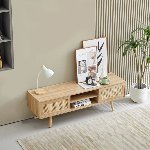 55.12" Rattan TV Cabinet with Sliding Doors and Adjustable Shelf X744723