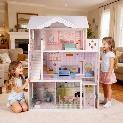 Large Wooden 3 Stories 6 Rooms Dollhouse with Elevator & Balcony R6997