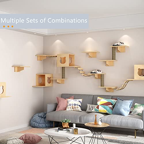 Solid Wood Wall Mounted Cat Shelves and Perches with 4 Cat Condos, 8 Shelves, 2 Ladder, 3 Sisal Cat Scratching Post R947936