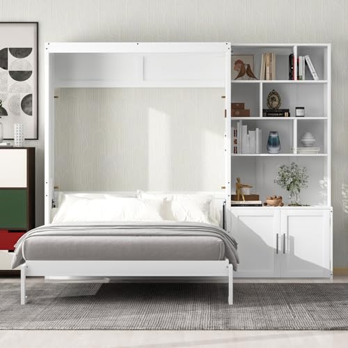 Full Size Solid Wood Foldable Murphy Bed Cabinet with Storage Shelves Y291768