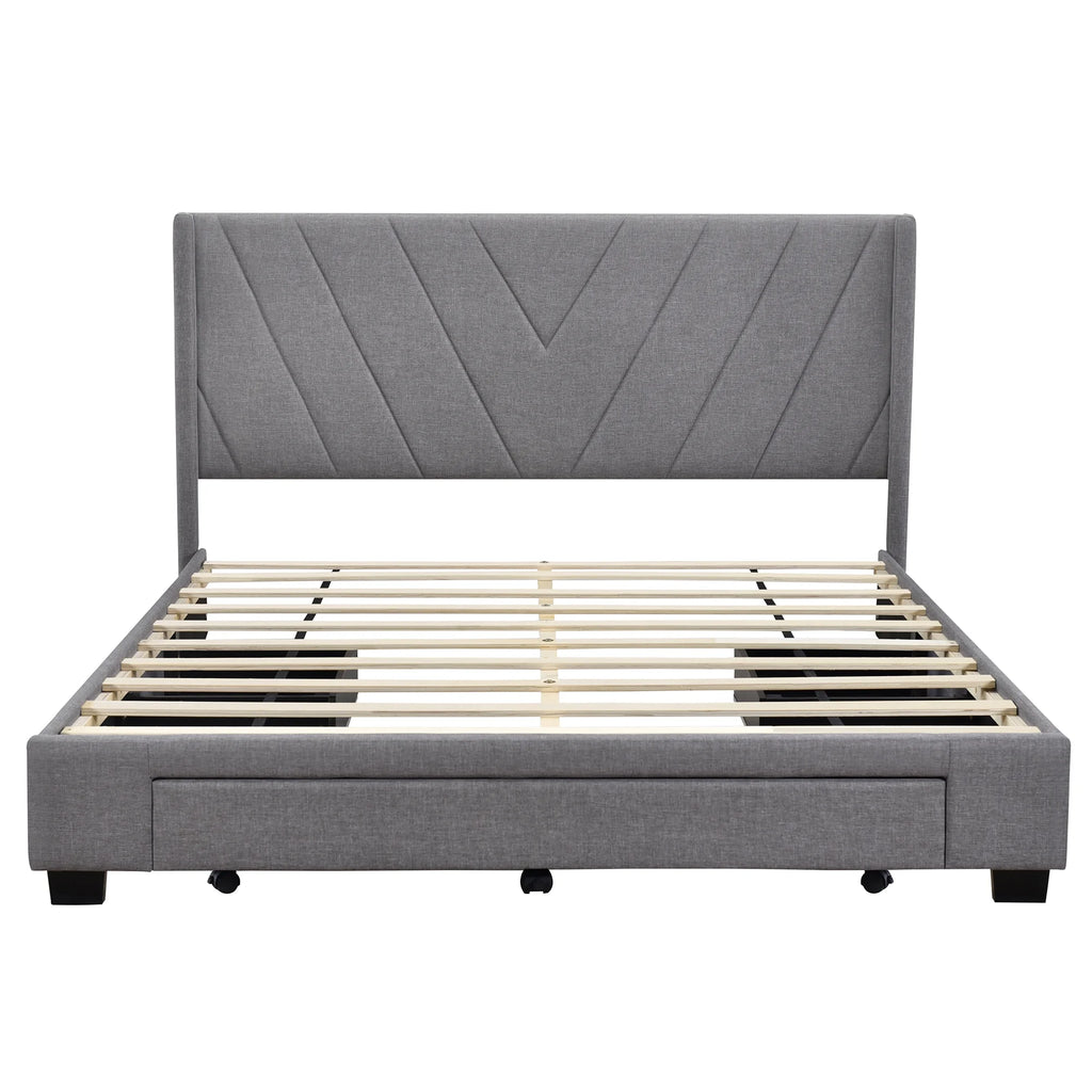 Queen Size Linen Upholstered Platform Bed with 3 Storage Drawers F60657