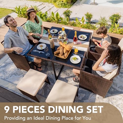 9 Pieces Patio Dining Set Rattan Chairs Glass Table Cushioned Seating W747