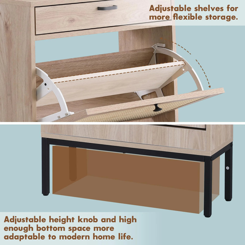 Shoe Storage Cabinet with Flip Drawers and Rattan Doors B337