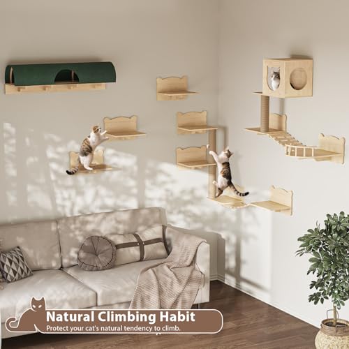 16 Pcs Wooden Cat Wall Shelves with Bed and Scratching Post Y90412