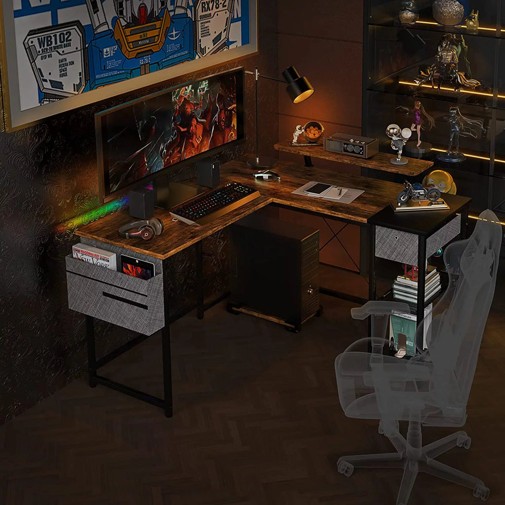 L Shaped Desk with Drawers and Storage Shelves T19662