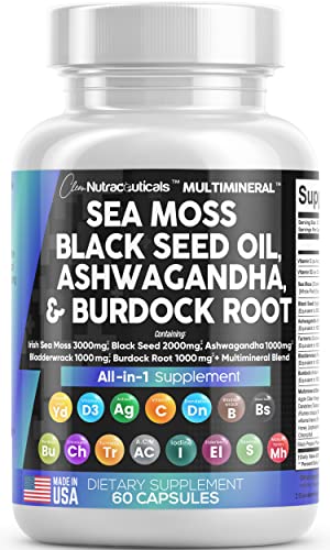 Sea Moss Black Seed Oil Ashwagandha Turmeric Bladderwrack Burdock Vitamin C Vitamin D3 with Elderberry Manuka Dandelion Yellow Dock Iodine Chlorophyll ACV R161