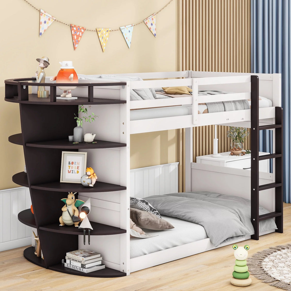 Wood Twin over Twin Bunk Bed with Storage Shelves H79325