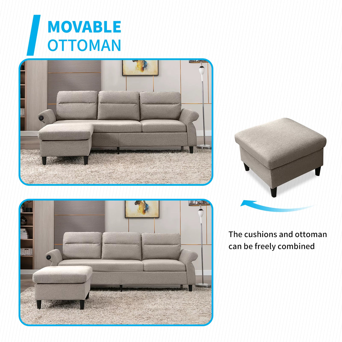 Beige 3 Seat L-Shape Sectional Sofa with Ottoman G82117