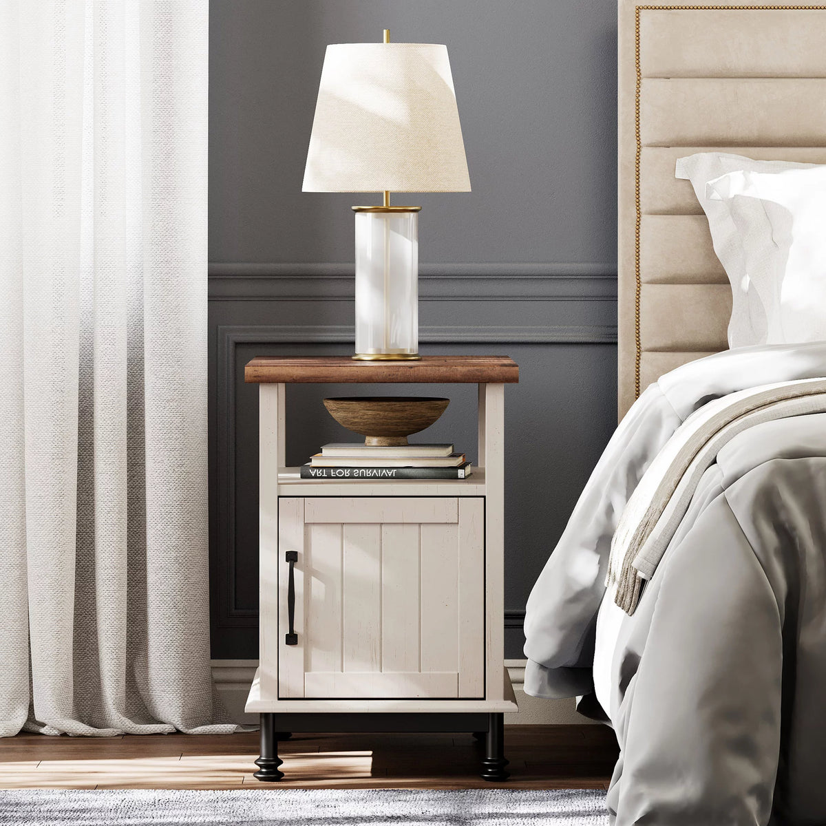 White Oak Side Table with Charging Station and Drawer N894