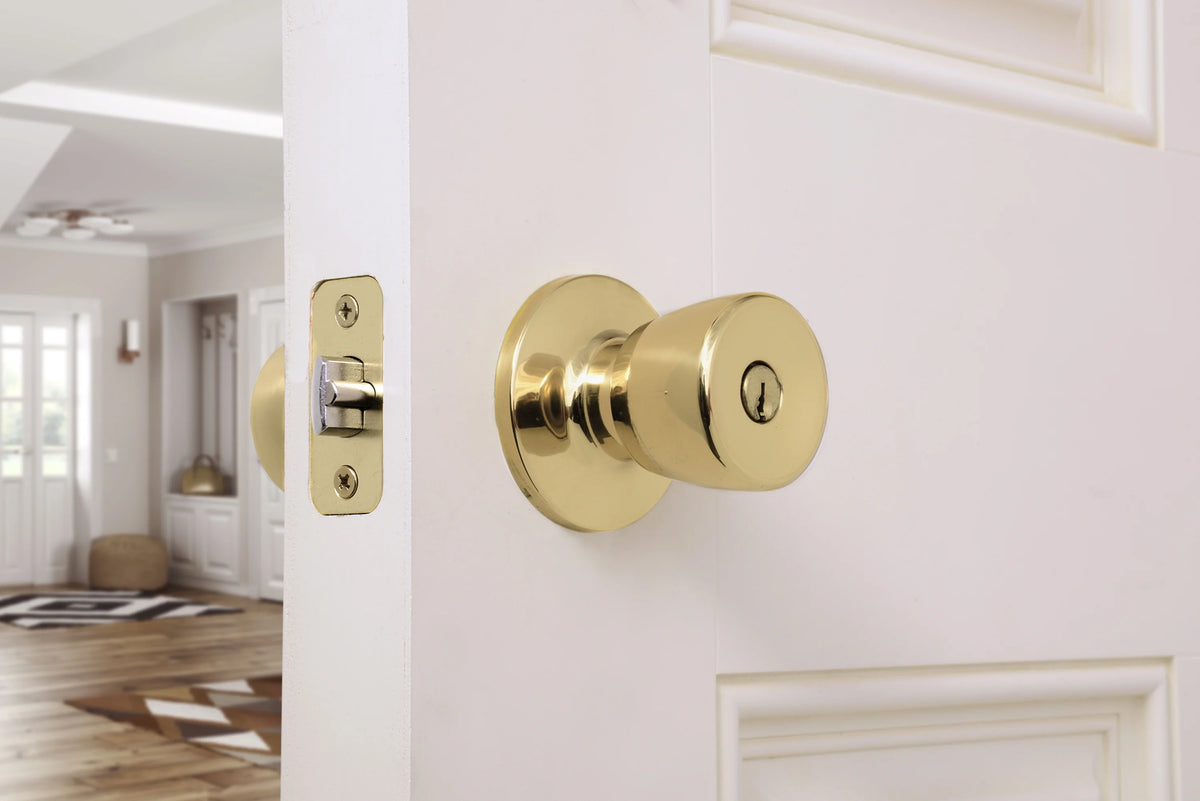 Keyed Entry Tulip Style Doorknob Polished Brass Twin Pack S118