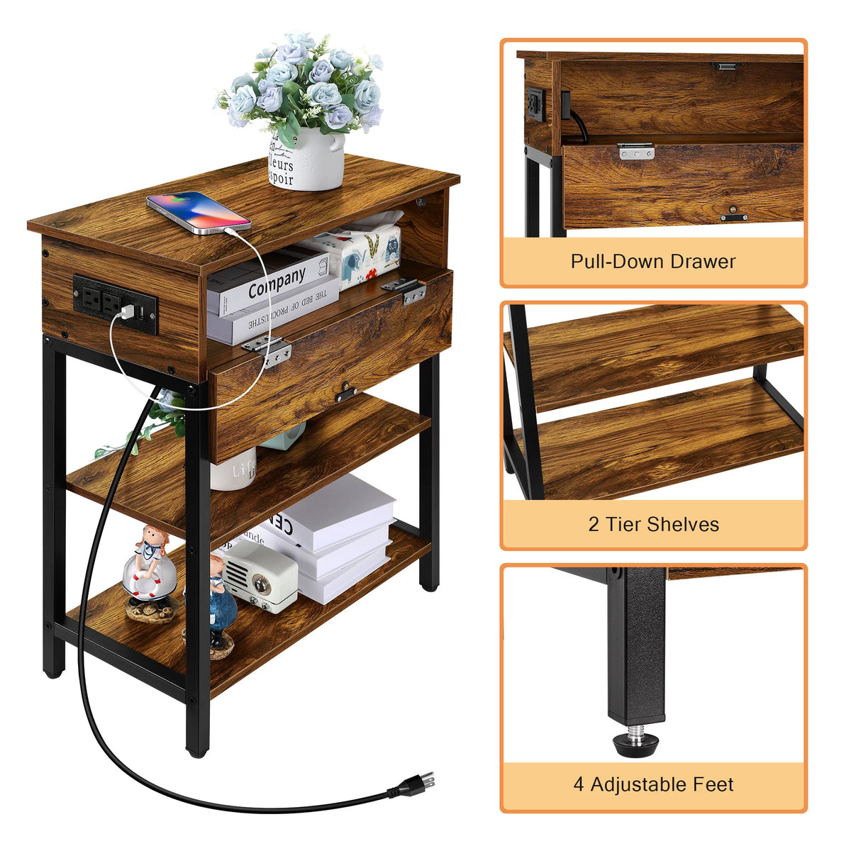 Brown Narrow End Table with Charging Station and Storage Shelf Y84273