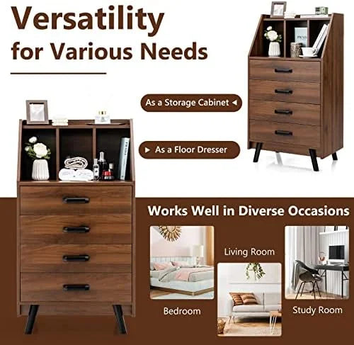 4 Drawer Wood Dresser with Bookshelf E769