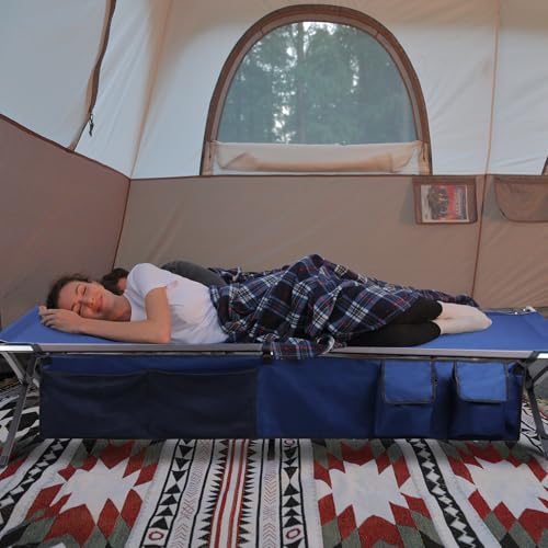 Folding Portable Camping Cot with Carry Bag and Side Storage Organizer P11744