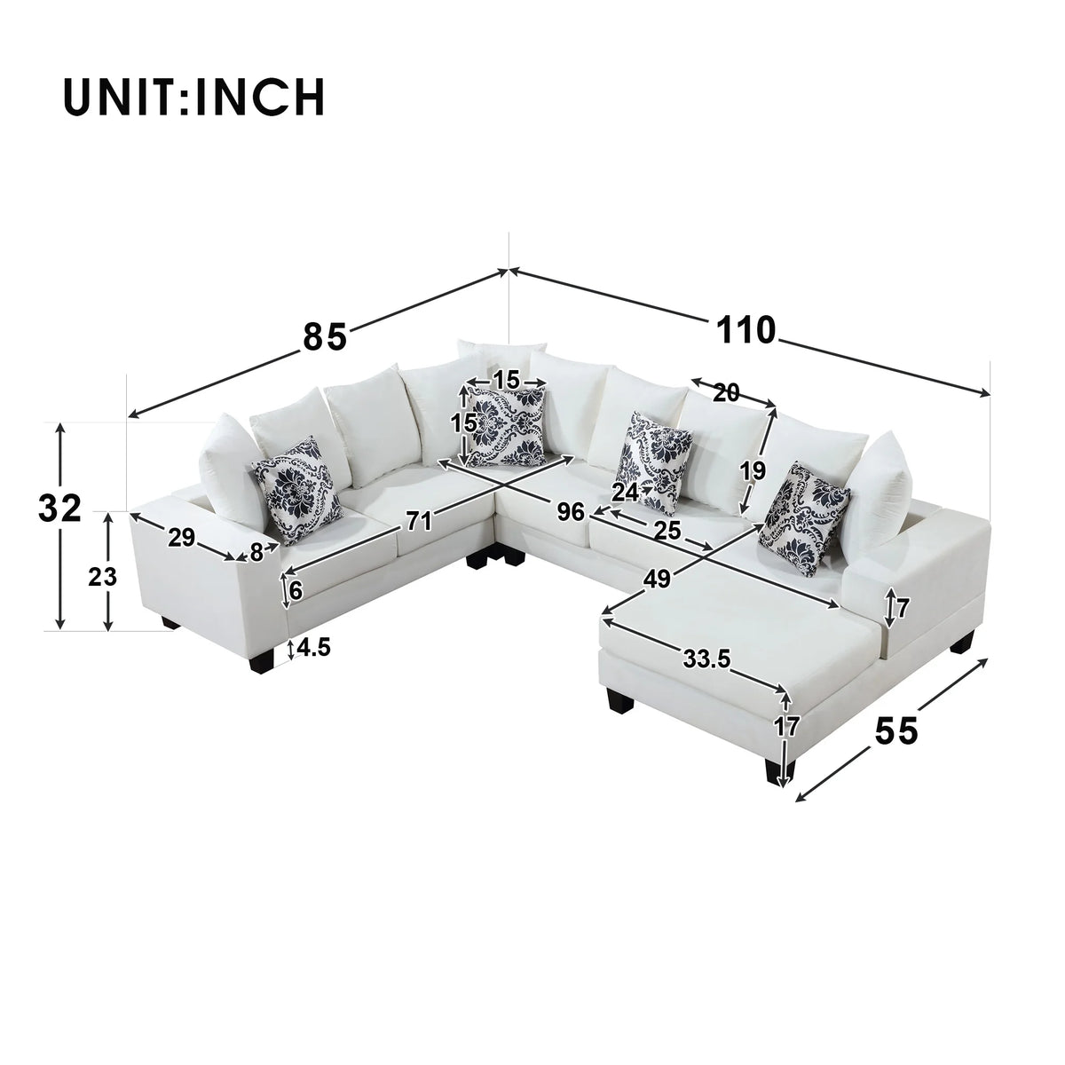 U Shape Velvet Sectional Sofa with Pillows and Chaise Lounge Y186