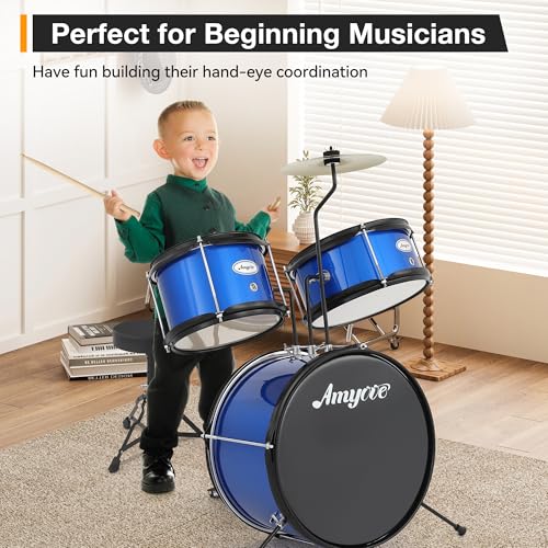 Black 3 Piece Kids Drum Set with Cymbal, Drumsticks, Pedal, Throne Stool S591