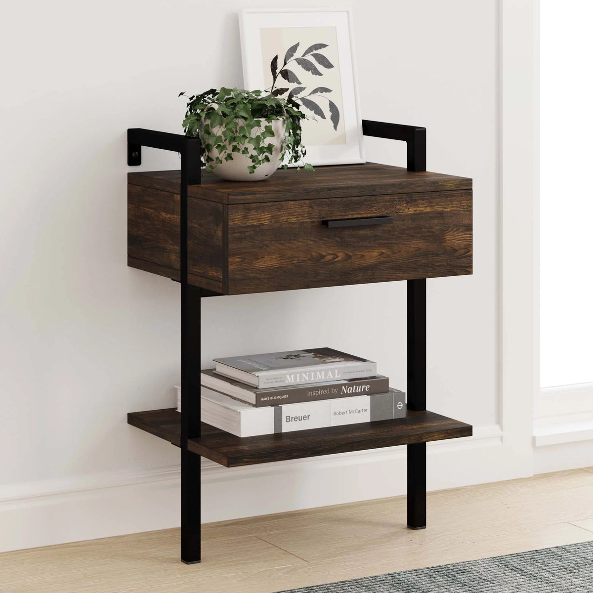 Rustic Wall Mount Nightstand with Drawer and Storage Shelf I88035