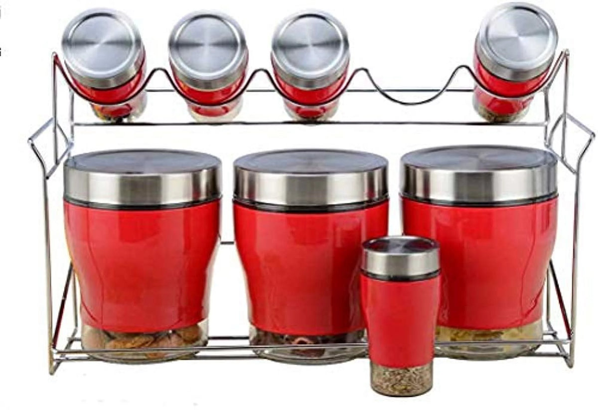 Red 9 Piece Kitchen Storage and Spice Rack Jar Set A7841