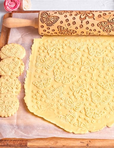 Wooden Embossed Rolling Pin with Butterfly Pattern R253294