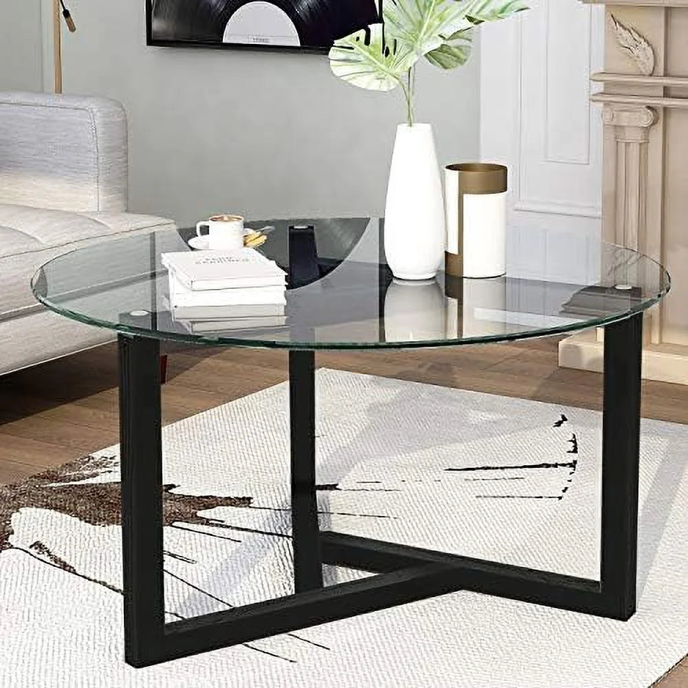 Round Glass Coffee Table with Wood Frame X4645