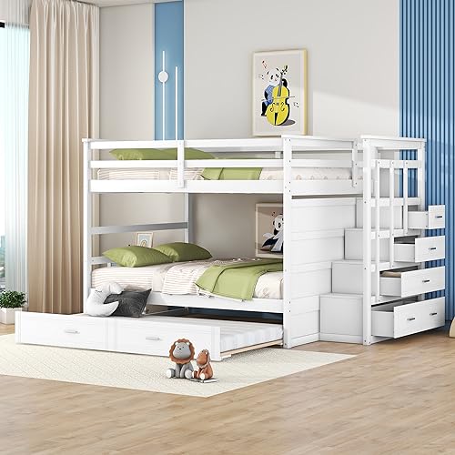 Full Over Full Wood Bunk Bed with Twin Trundle and Stairs, Espresso S7265