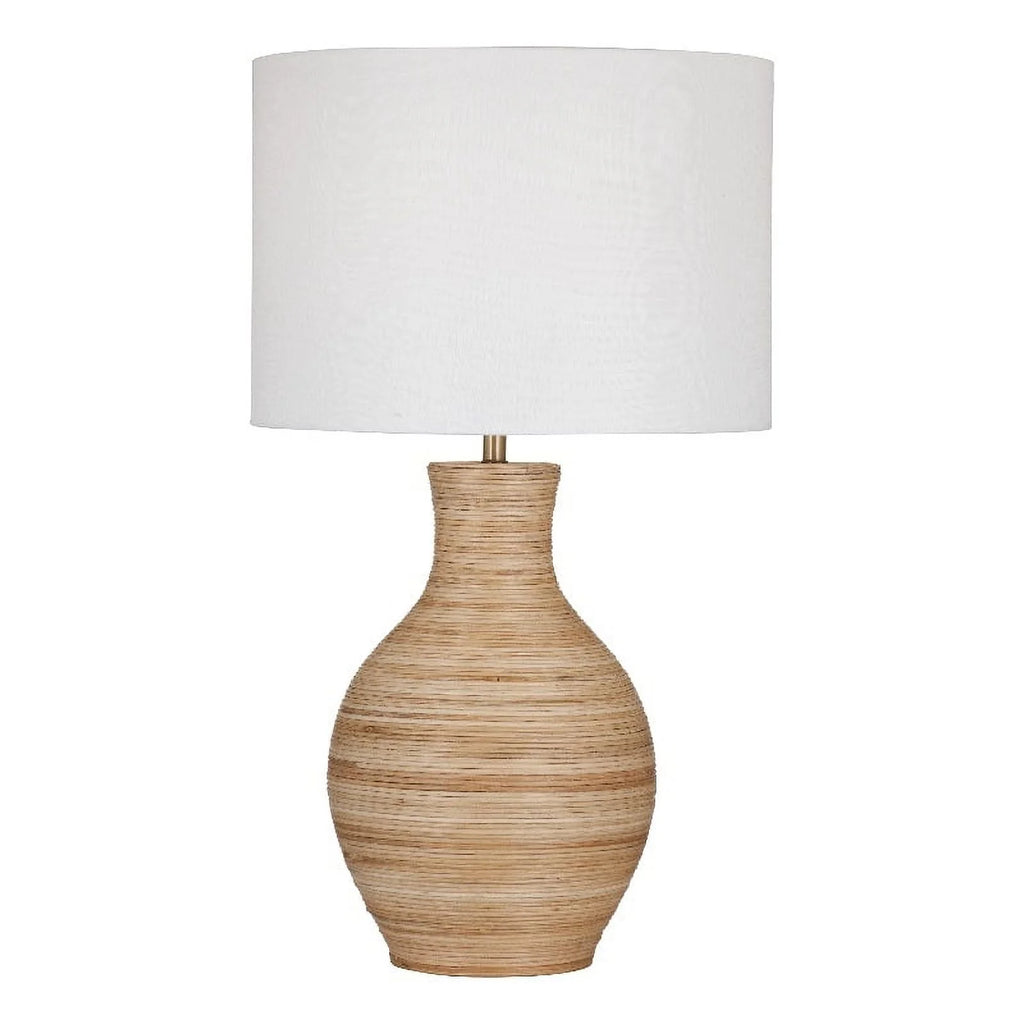 Natural Wood Table Lamp with White Drum Shade U501547