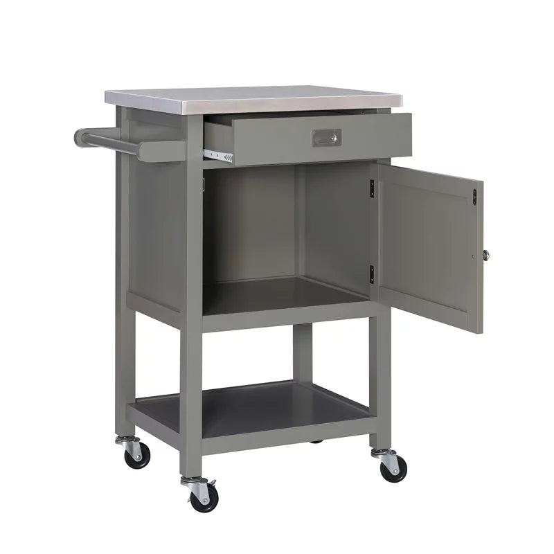 Gray Wood Stainless Steel-Top Kitchen Cart E16638