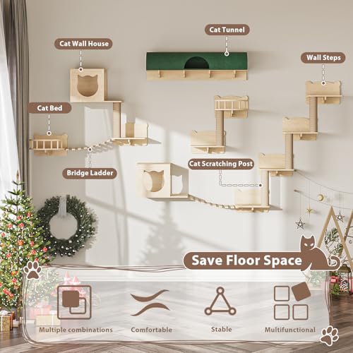 16 Pcs Wooden Cat Wall Shelves with Bed and Scratching Post Y90412