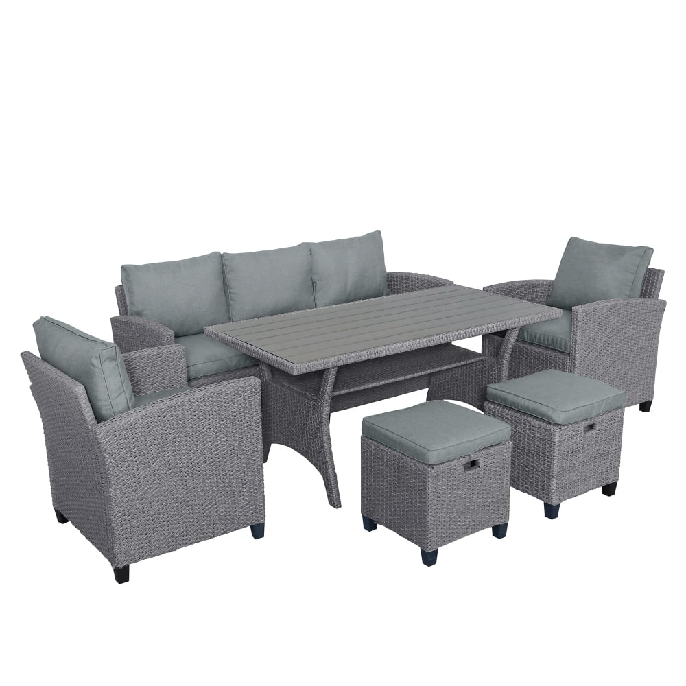 6-Piece Outdoor Rattan Wicker Sofa Chair Stools and Table L34380