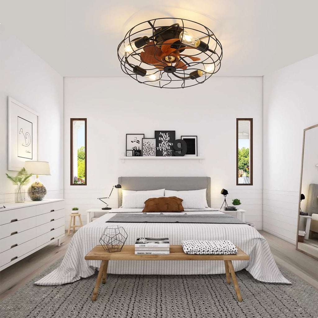 20" Industrial Flush Mount Bladeless Caged Ceiling Fan with Light and Remote C5668