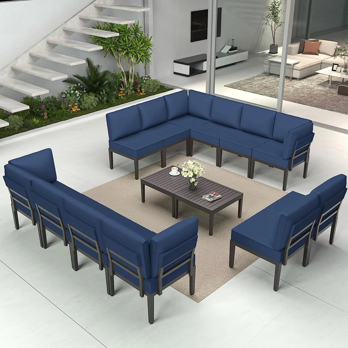 14 Pieces Aluminum Outdoor Sectional Sofa Set with Cushion and Coffee Table U65489