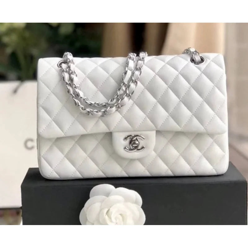 White Medium Size Lambskin Leather Flap Bag Z63216