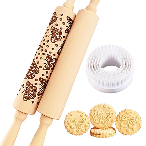 Wooden Embossed Rolling Pin with Butterfly Pattern R253294
