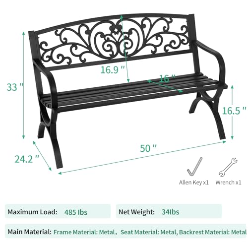 Metal Outdoor Bench with Plastic Mesh Backrest and Armrests Black B2397