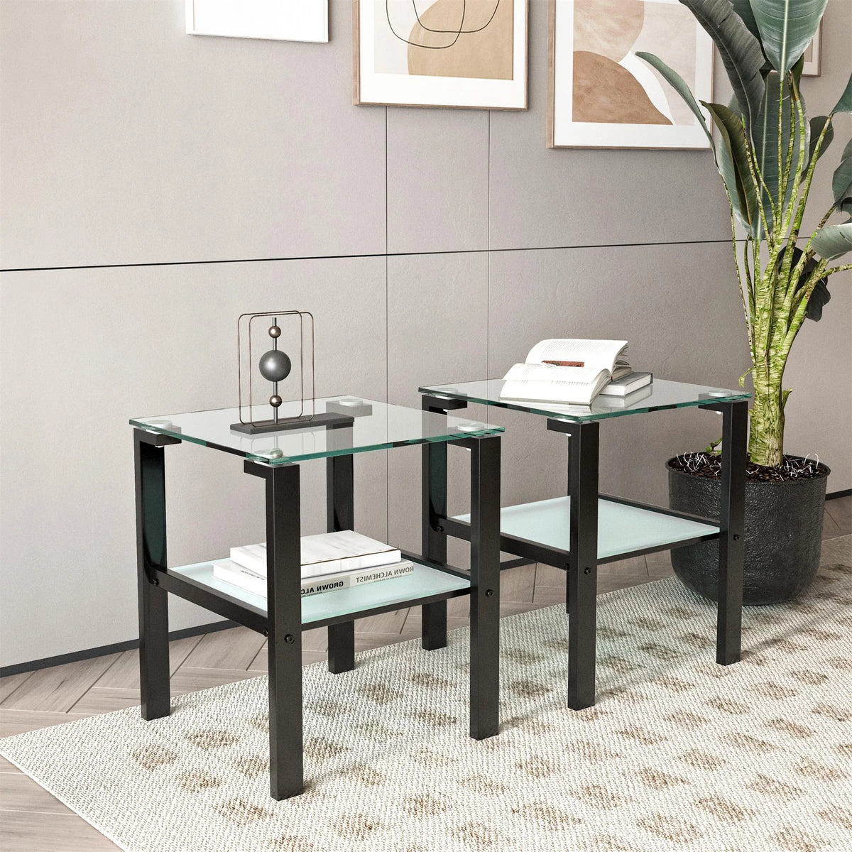 Set of 2 Tempered Glass Square Side Table Y6029