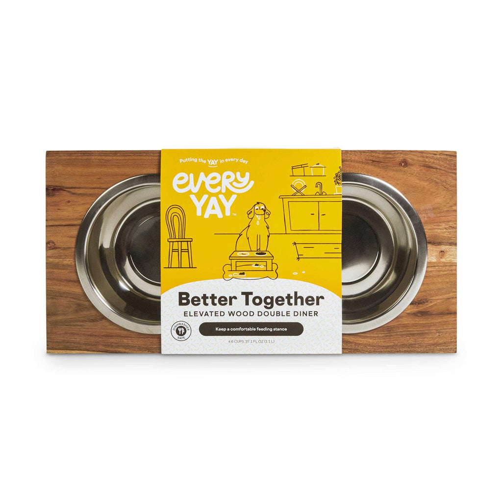 Elevated Wood Double Diner with Stainless-Steel Bowls B477