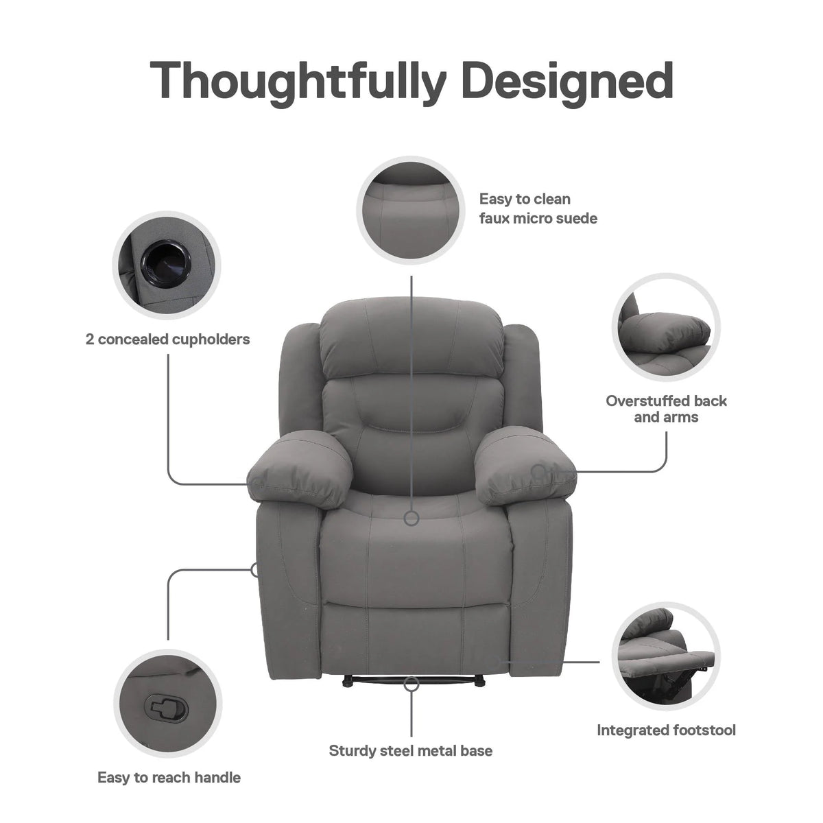 Gray Faux Microsuede Recliner with Cupholder K25995