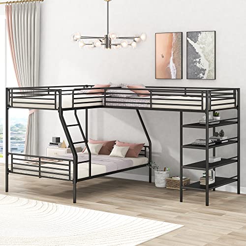 Black Metal Twin Size L-Shaped Loft Bed with Two Built-in Desks R1776