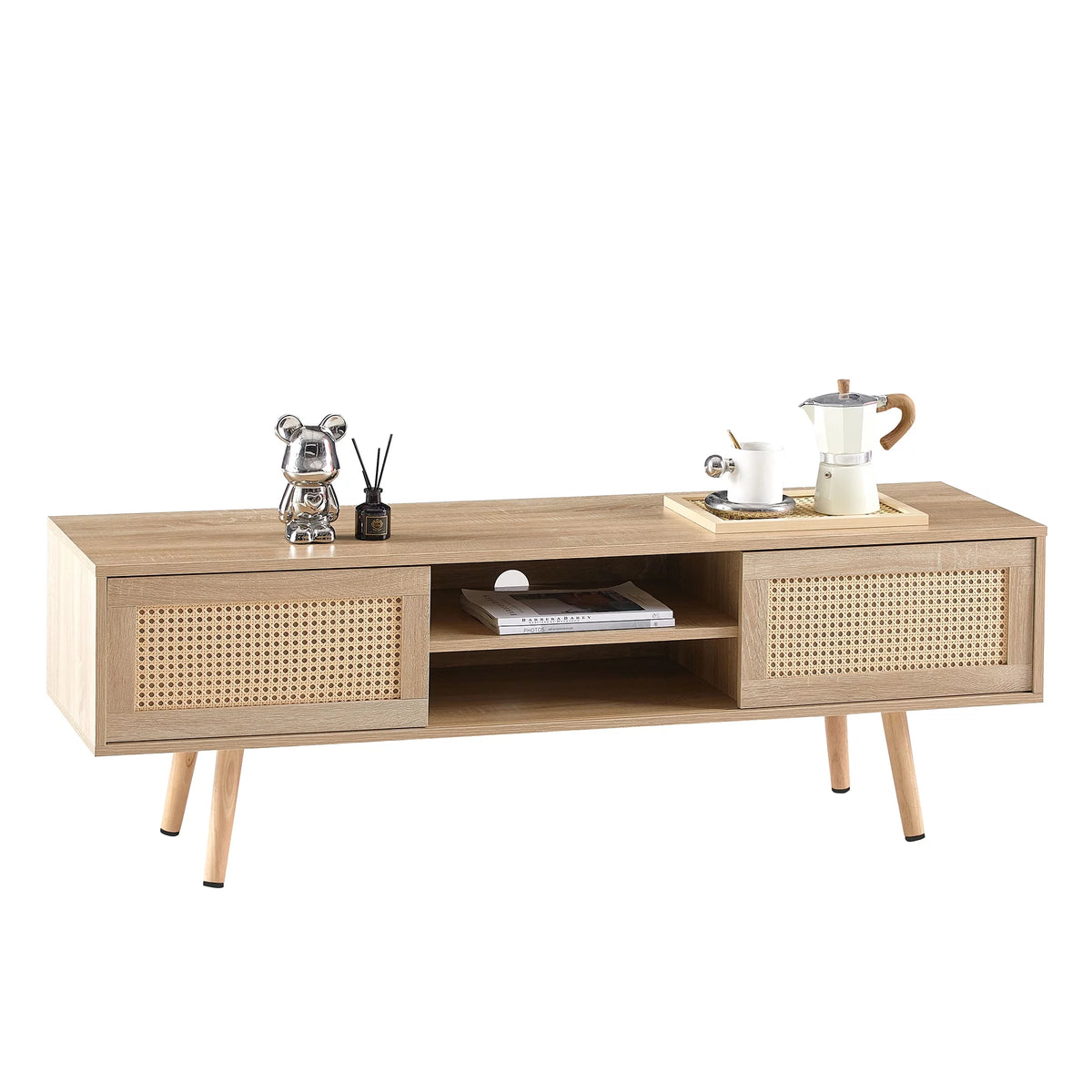 55.12" Rattan TV Cabinet with Sliding Doors and Adjustable Shelf X744723