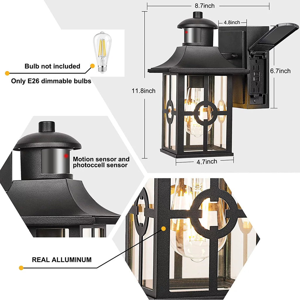 Motion Sensor Porch Light with 2 GFCI Outlets Waterproof Aluminum N53606