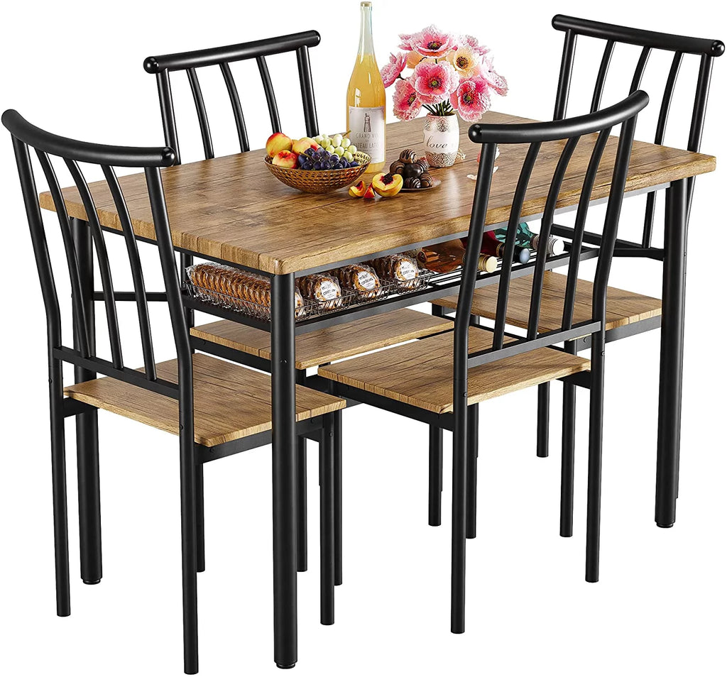 5-Piece Kitchen Table and Chairs for 4 with Metal Frame & Storage Rack U982860