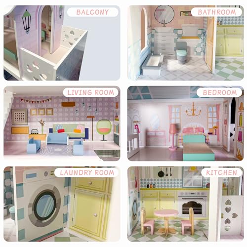 Large Wooden 3 Stories 6 Rooms Dollhouse with Elevator & Balcony R6997