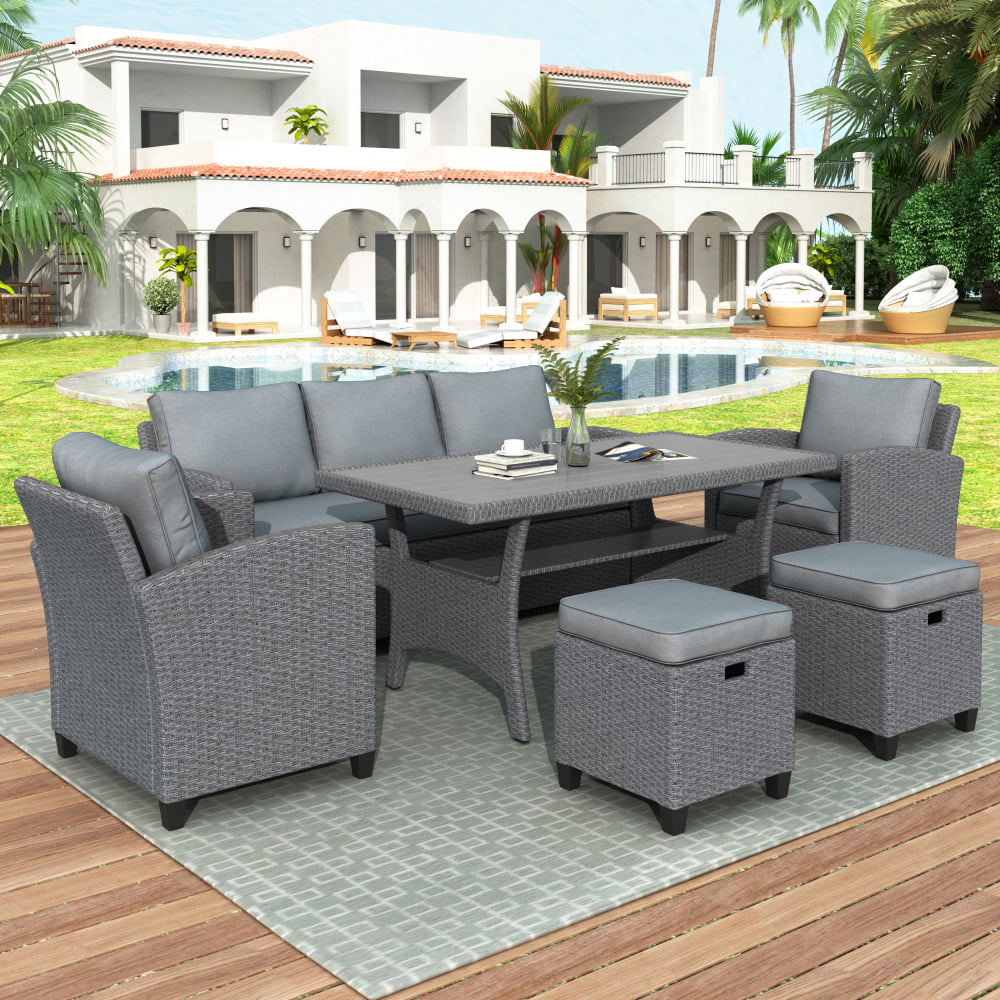 6-Piece Outdoor Rattan Wicker Sofa Chair Stools and Table L34380