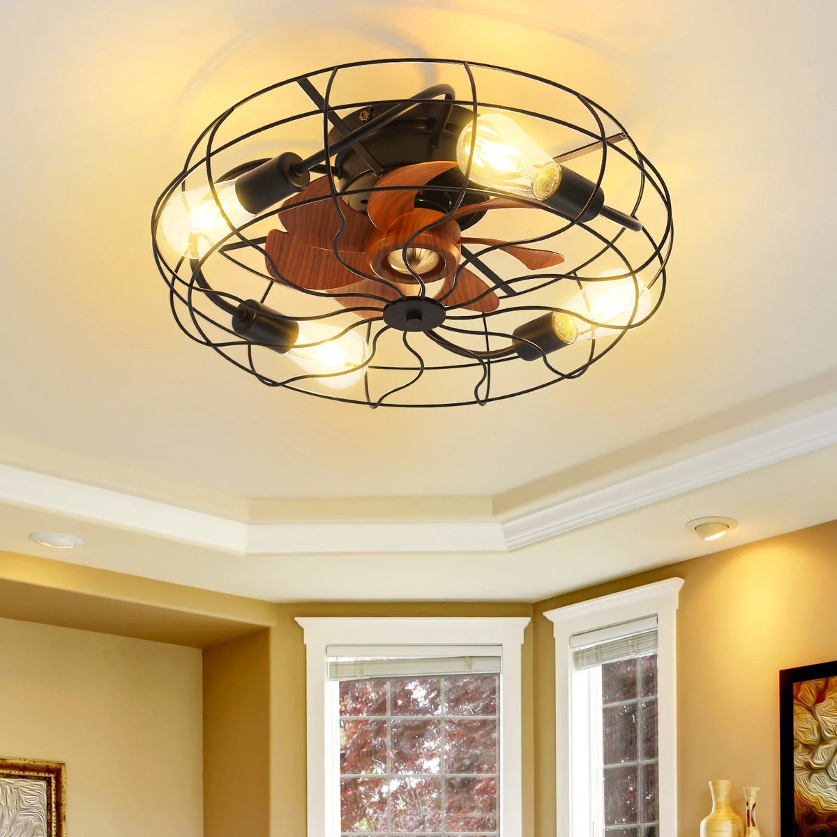 20" Industrial Flush Mount Bladeless Caged Ceiling Fan with Light and Remote C5668